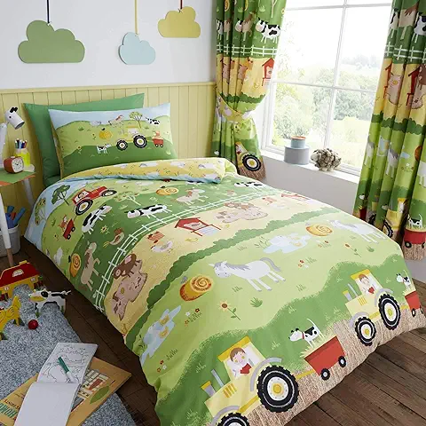 Happy Linen Company Set de Fundas Infantiles para Edredón - Reversible - Animales de Granja - Verde/Amarillo - Individual  