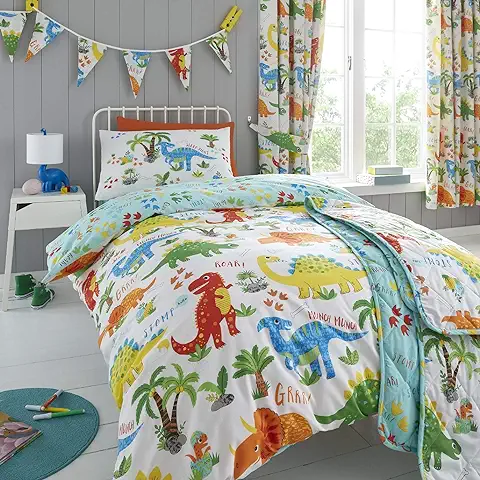 Happy Linen Company Set de Fundas Infantiles para Edredón - Reversible - Dinosaurios - Individual  