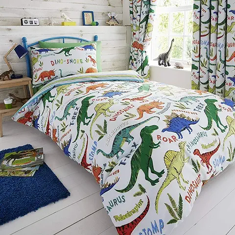 Happy Linen Company Set de Fundas Infantiles para Edredón - Reversible - Estampado de Dinosaurios con Tiranosaurio Verde - Individual  
