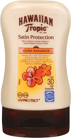Hawaiian Tropic Satin Protection MINI Ultra Radiance - Loción Solar de Protección Alta SPF 30 , Protege y Suaviza la Piel , Fragancia Frutas Tropicales , Formato Viaje 100 ml  
