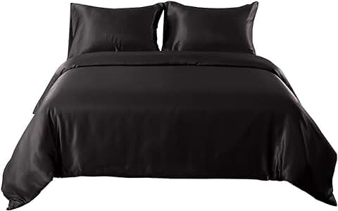 HOTNIU Funda Nordica Saten - Juego de Funda de Edredón de seda Satinado - Funda Nordica 220*230 cm con 2 Fundas de Almohada 50*75cm - Juego de ropa de cama de Satén de Cremallera Microfibra, Negro  