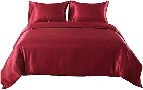 Hotniu Juego de Ropa de Cama Satinado, Juego de Funda de Satin para edredón, Juego de Sábanas Conjunto, Kit de Cama de Edredón Satén (King, Rojo)