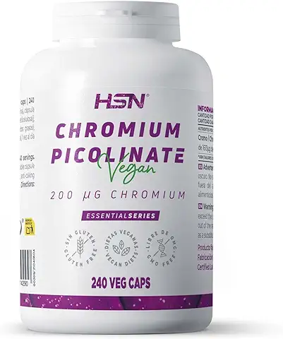 HSN Picolinato de Cromo 200 mcg | 240 Cápsulas Vegetales | 200 µg de Cromo - Mineral Elemental - por cada Cápsula – ALTA Dosificación | No-GMO, Vegano, Sin Gluten ni Lactosa  