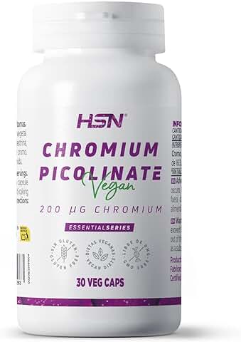 HSN Picolinato de Cromo 200 mcg | 30 Cápsulas Vegetales | 200 µg de Cromo - Mineral Elemental - por cada cápsula – ALTA Dosificación | No-GMO, Vegano, Sin Gluten ni Lactosa