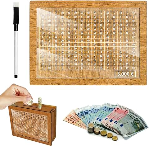 Hucha de Madera, Hucha con Contador, Hucha con Objetivo, Hucha Reutilizable, con Objetivo de Ahorro y Números para Marcar Ayuda a los Niños a Ahorrar el Hábito de Ahorrar (€ 3,000)  