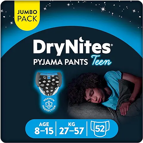 Huggies DryNites Pañales para Niño 8-15 (27-57 kg), Clínicamente Probado con 5 Capas de Máxima Protección Nocturna, 4 Packs de 13, Total 52 Pañales Desechables de Noche  