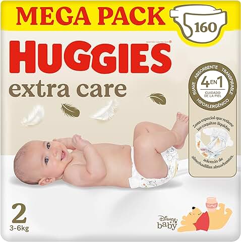 Huggies Extra Care Pañal para Bebé Recién Nacido con Disney Talla 2 (3-6 kg), 4 Packs x 40 Pañales, Total 160 Pañales  