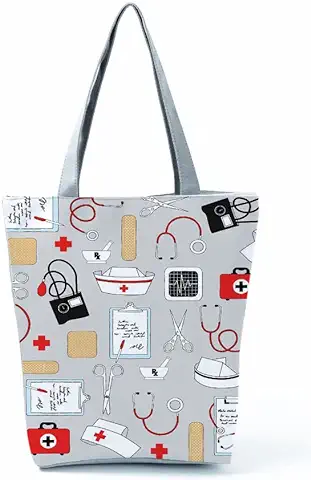 INN Bolso de Enfermera de lona de Algodón, Bolsa de la Compra, Bolsa de Tela, Bolsa de Enfermería con Estampados de Dibujos Motivos Salud  