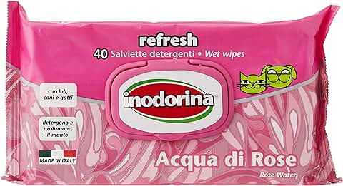 Inodorina Toallitas Desinfectantes para Perros y Gatos Refresh Agua de Rosas (40 Unidades). Toallitas Húmedas de Higiene para Mascotas, Tejido Resistente Sin Alcohol. No Testado en Animales  