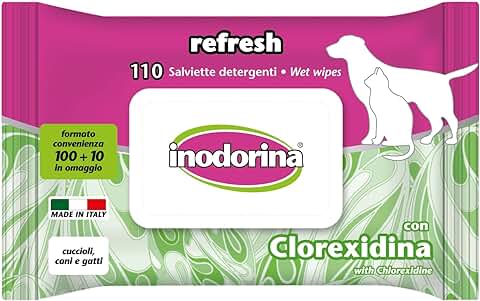 Inodorina, Toallitas Refresh, Toallitas Limpiadoras de Tela Resistente, con Agente Hidratante, Emoliente y Protector, para la Vida Diaria con tu Mascota, Perfumación Clorhexidina, 110 Unidades  