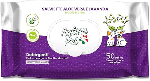 Italian Pet - Toallitas Biodegradables con Aloe Vera y Lavanda - Toallitas Detergentes Humedecidas para Patas, Hocico y Pelo de Perros, Gatos, Conejos, Mascotas - 50 Toallas BIO Desechables - 20x30 cm  