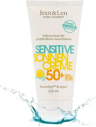 Jean & Len Crema Solar Sensitive 50+ SPF Resistente al Agua, Protección para Pieles Sensibles, sin Siliconas ni Nanopartículas, Octocrileno, Microplásticos, Fragancias y Colorantes, Vegano, 50 ml  