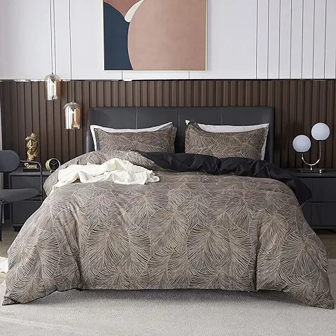Jemiipee Juego de ropa de cama con Estampado de Hojas de Palma Tropical, 2 Fundas Nórdicas de 135 x 200 cm con 2 Fundas de Almohada de 80 x 80 cm y Cremallera, 100 % Microfibra Suave, Color Marrón  
