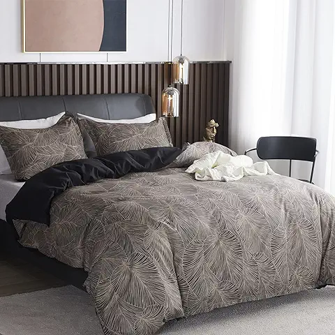Jemiipee Juego Funda Nordica Cama 90 con Patrón de Hojas Tropicales, Funda Edredon 140x200 cm Microfibra Suave Transpirable y 1 x Funda de Almohada de 65x65 cm, Fundas Nórdicas Marron Oscuro  