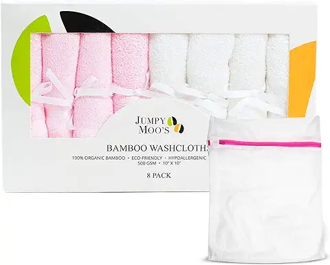 JM Toallitas Bambu – Toallitas Recien Nacido Perfectas Como Gasas Para Bebes, Toallitas Bebe - Set De Regalo Bebe Recien Nacido Niño Y Niña - Incluye Bolsa De Lavandería (Rosa y Blanco, 8 Piezas)  