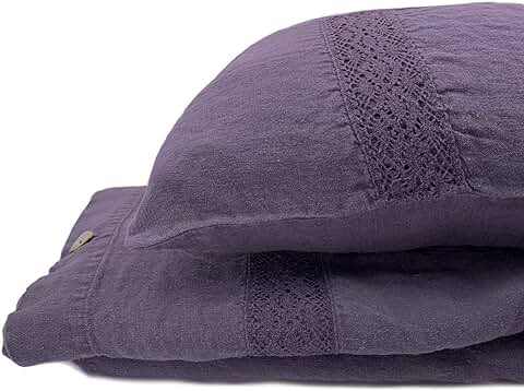 JOWOLLINA Juego de ropa de cama de lino 100% Lavado a la Piedra, 220 G/m² (Wild Plum, 155 x 220 cm, 40 x 80 cm)  