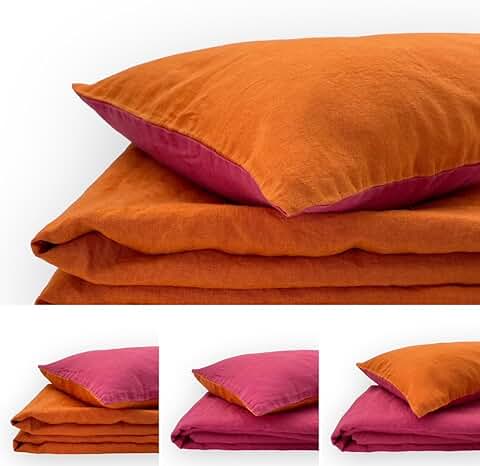 JOWOLLINA Juego de ropa de cama de lino Natural, Acabado Lavado Suave, 180 mg2 (bayas Naranja, 155 x 220 cm, 40 x 80 cm)  