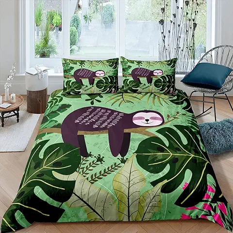 Juego de Funda de Edredón con Perezoso de Plantas Tropicales y Hojas de Palma,Juego de Cama de Lindos para Niños y Niñas,Hojas Verdes,Ramas,con 2 Fundas de Almohada  