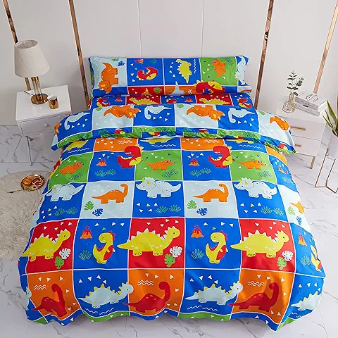 Juego de Funda Nórdica Infantil Divertido para Cama de 90cm con 3 Piezas - 1 Sábanas Bajera Ajustable, 1 Funda Nórdica 150x220cm y 1 Funda de Almohada Larga de 45x110cm. Modelo Dinosaurios  