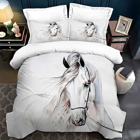 Juego de Ropa de Cama de Caballo con Impresión 3D,Juego de Ropa de Cama de Animales para Niños 3 Piezas,Juego de Funda de Edredón de Microfibra con Cremallera (135 x 200 cm, Caballo Blanco)  