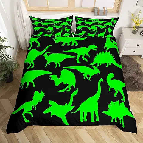 Juego de ropa de cama de Dinosaurio para Niñas y Niños, Lindo Juego de Funda de Edredón de Dinosaurio de Dibujos Animados, Verde Neón, Animales de la Selva, Funda de Edredón Decorativa, Funda de edre  