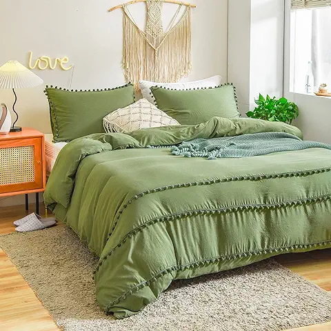 Juego de ropa de cama de Microfibra Ultra Suave de Tamaño King y Verde Oliva con Flecos y 3 Piezas Boho con Cierre de Cremallera (verde Oliva, King)  