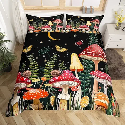 Juego de ropa de Cama, Diseño Setas Naturales para Niños, Funda Nórdica con Plantas y Mariposas, Tamaño Super King  