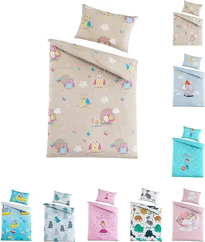 Juego de ropa de cama para Niños y Niñas | 100 x 135 cm + 40 x 60 cm | 100 % Algodón Reforzado | Cremallera | Búho | Crema – Beige  