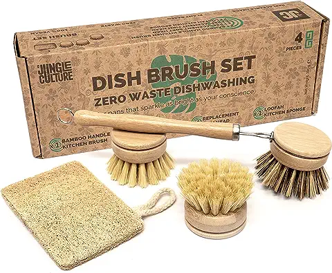 Jungle Culture® Set de 4 Cepillos para Lavar Platos Naturales • Eco Set de Cepillos y Esponja Limpiadora para Sartenes • Base de Plantas • Cepillos de Madera para Platos con 3 Cabezas de Repuesto  