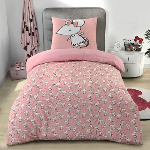 KIDZROOM - Juego de cama - Ratón - 2 Piezas - Rosa - Niño - Funda Nórdica - Reversible - 120 x 150 - Funda de Almohada - 60 x 70 cm Ropa de cama - 100% Algodón - Idea de Regalo  