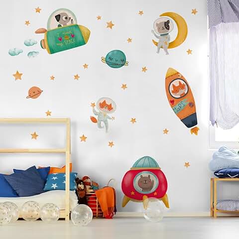 Kina - R00510 Pegatinas de Pared Niños Ecológico e Hipoalergénico Efecto de Tela Suave Reposicionable Viaje Espacio Decoración de Pared Dormitorio Guardería Papel Pintado Adhesivo - Medida 90x30  