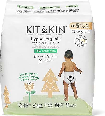 Kit & Kin Pantalones de Pañales de Bebé Ecológicos y Sostenibles, Talla 5, Hipoalergénicos, con capa de alto Rendimiento de Secado Rápido, Veganos y sin Cloro, Protección Superior Contra Fugas, 120  