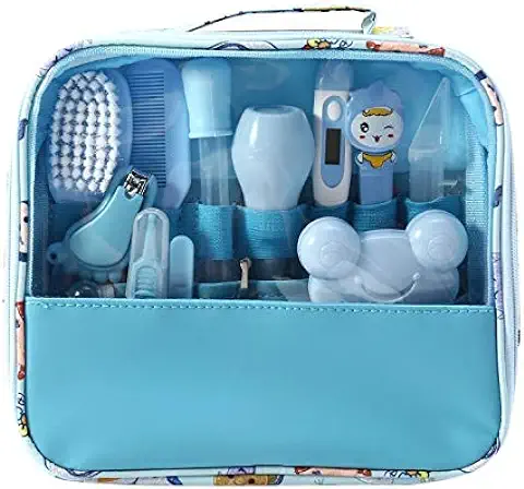 Kit de Cuidado de Bebé Moonvvin 13pcs / set Conjunto de aseo para Recién Nacidos Accesorios Esenciales para el Cuidado de la Salud para Viajes en el Hogar Uso con Bolsa de Transporte (azul)  