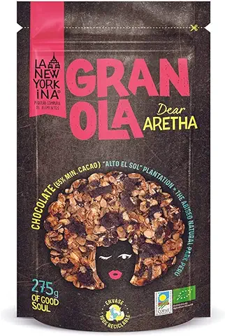 LA NEWYORKINA Granola Dear Aretha con Avena, Chocolate Negro y Ralladura de Naranja. Snack Crujiente y Saludable Ecológico para Desayuno y Merienda. Granola Artesana Vegana en Envase de 275g  