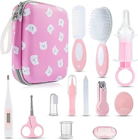 Lictin Set para Cuidado del Bebé - 13 Piezas Kit de Aseo para Bebés con Cuchara de Oreja con LED Cepillo de Pelo y Peine,Cortador de Uñas Cepillo de Dientes de Dedo para Viaje y el Uso Diario (Rosa)  