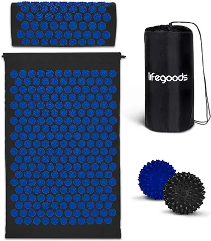 LifeGood Esterilla Acupresion - Eco - Con Cojín, Bolas de Masaje y Bolsa - Almohada - Colchoneta de Acupuntura Relajación y Alivio del Dolor - Flor de Loto - Negro & Azul  