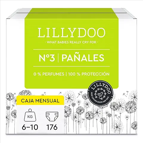 LILLYDOO Pañales Hipoalergénicos, Tamaño 3 (6-10 kg), caja Mensual (176 Pañales) (FSC Mix)  