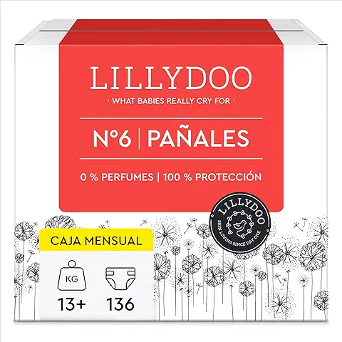 LILLYDOO Pañales Hipoalergénicos, Tamaño 6 (13-18 kg), caja Mensual (136 Pañales) (FSC Mix)  