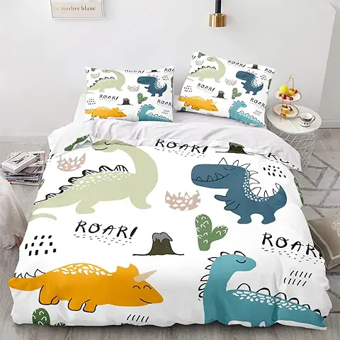 LOMUG Juego de Ropa de Cama Infantil, con Diseño de Dinosaurio, 40 x 60 cm y Funda de Edredón de 100 x 135 cm, Ropa de Cama para Bebé, Ropa de Cama para Niñas y Niños, Lavable a Máquina (Dino-A)  