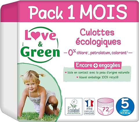 Love & Green - Pañales Braguitas Saludables y Ecológicos Talla 5 (12 a 18 kg) Pack de 1 Mes (72 braguitas) - Absorbentes, anti-fugas y sin ingredientes indeseables