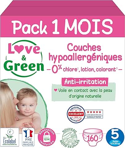 Love & Green - Pañales Saludables y Ecológicos para Bebés - Talla 5 (11-25 kg) - Pack de 1 Mes (160 Pañales) - Absorbentes, Anti-fugas y sin Ingredientes Indeseables  