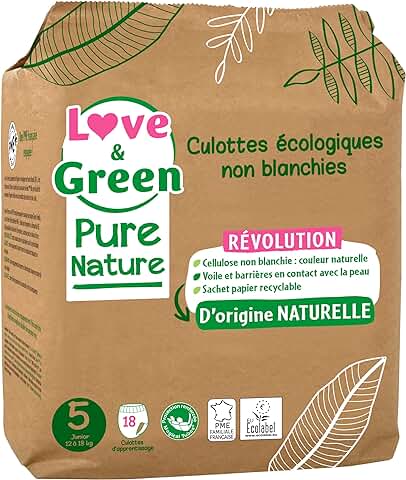 Love & Green Pure Nature - Braguitas Ecológicas sin Blanquear - Certificadas con Ecolabel - Talla 5 (12 a 18 Kilos) x 18  