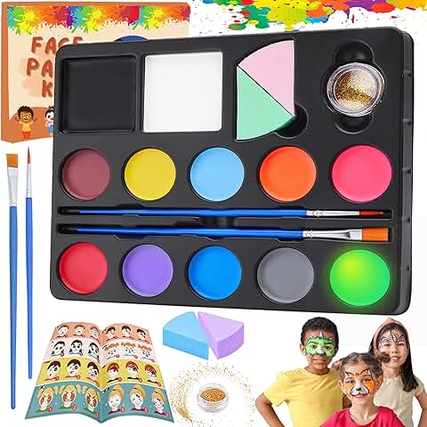 Lubibi Pinturas Cara,Pintacaras Infantil para Niños,12 Colores(2 UV Fluorescente),Kit de Pintura Facial,No Tóxico Colores Maquillaje para Fiestas de Disfraces Halloween Mardi Gras Navidad Cosplay  