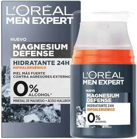 L'Oréal Men Expert, Crema Facial Hidratante 24H Para Hombre, Hipoalergénica Mineral de Magnesio + Ácido Hialurónico, Sin Alcohol, Pieles Sensibles, 50 ml  