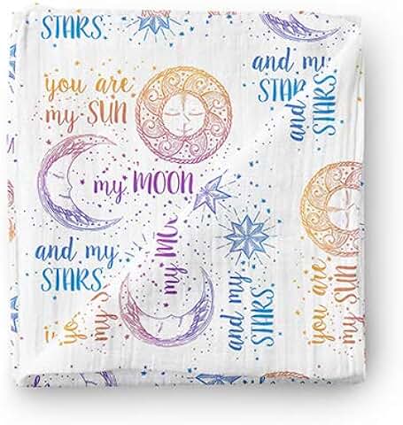 Manta de Muselina para Bebé Aenne Baby, Arco iris sol luna Estrellas Morado, Grande 120 x 120 cm, 1 Pack, Algodón de Bambú Sedoso Lujoso y Suave, Regalo para Bebé Recién Nacida  