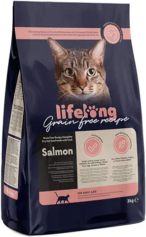 Marca Amazon - Lifelong - Alimento seco para Gatos Adultos con Salmón Fresco, Receta sin Cereales - 3 kg (Paquete de 1)  