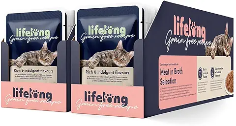 Marca Amazon - Lifelong Comida Húmeda para Gatos Adultos sin Cereales Selección de Carne en Caldo, 4.76 kg (56 Paquetes de 85g)  