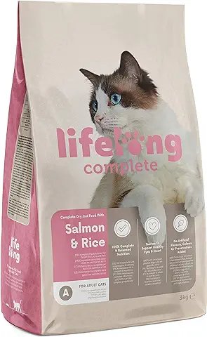 Marca Amazon - Lifelong - Complete Alimento seco Completo para Gatos Adultos con Salmón y Arroz, 1 x 3 kg  