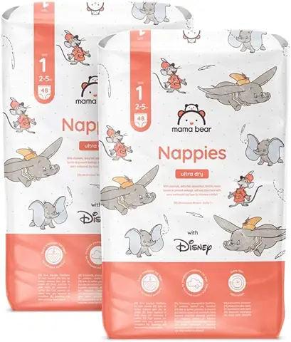 Marca Amazon - Mama Bear Disney Pañales Ultrasecos, Talla 1 (2-5 kg), Blanco, 96 Unidad, 2 Paquetes de 48 - PACK MENSUAL  
