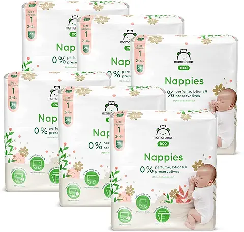 Marca Amazon - Mama Bear Pañales Eco, Talla 1 (2-4kg), Bianco, 168 Unidad (6 Paquete de 28)  